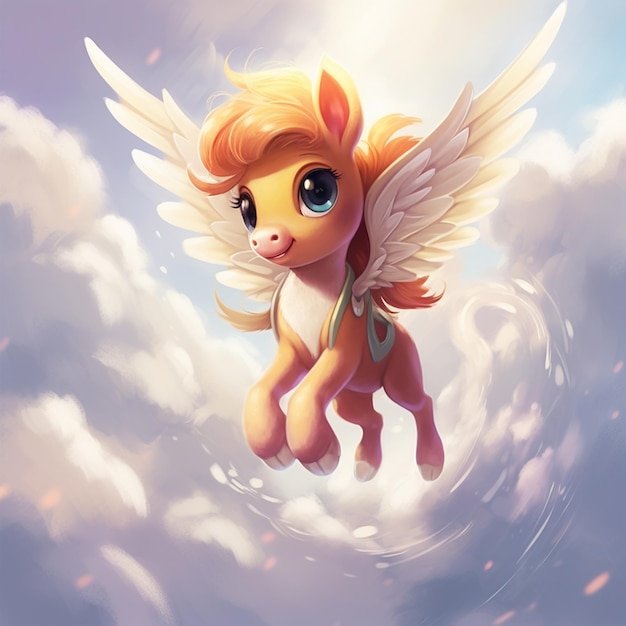 A cartoon image of a pony with angel wings in the sky.