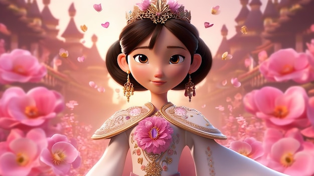 A cartoon image of a princess with flowers on the top.