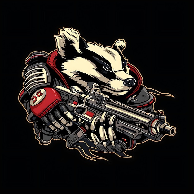 a cartoon image of a raccoon with a red logo on it