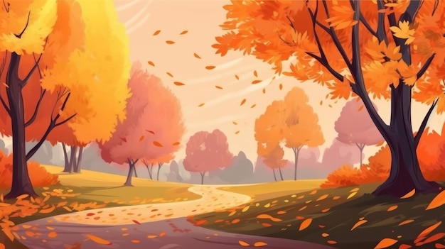 A cartoon image of a road with trees and the sun shining on it.