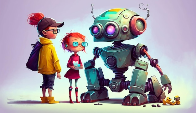 A cartoon image of a robot and a boy with glasses and a hat.