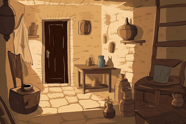 A cartoon image of a room with a pot and a pot with the word on it