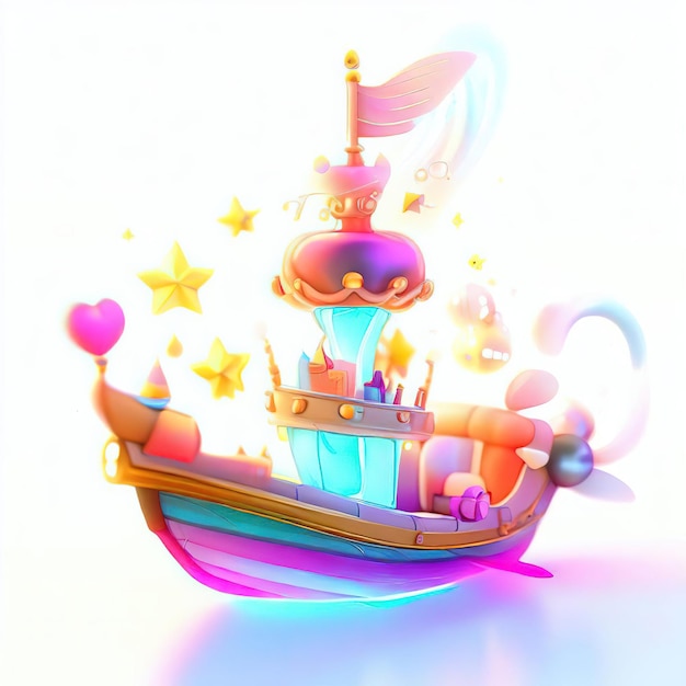 A cartoon image of a ship with a castle on it