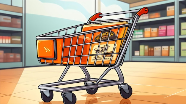 a cartoon image of a shopping cart with a sticker on it