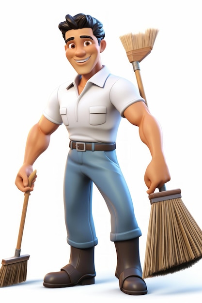 Cartoon image of a smiling man holding two brooms