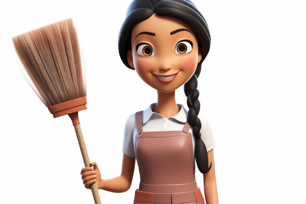 A cartoon image of a smiling woman holding a broom