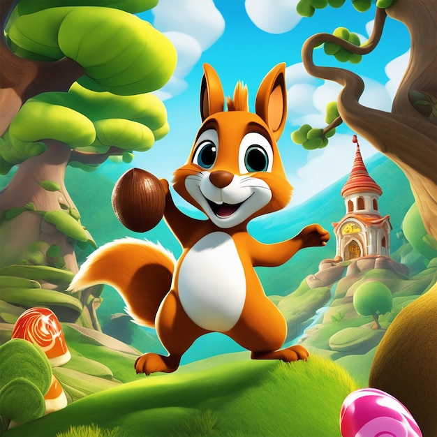 a cartoon image of a squirrel with a tower in the background.