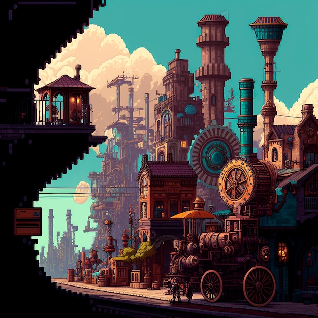 Cartoon image of a steampunk city stylized as pixelart