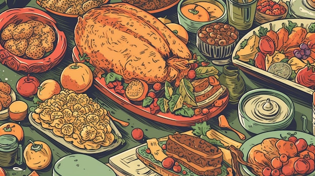 A cartoon image of a table full of food including a turkey, beans, and other food.