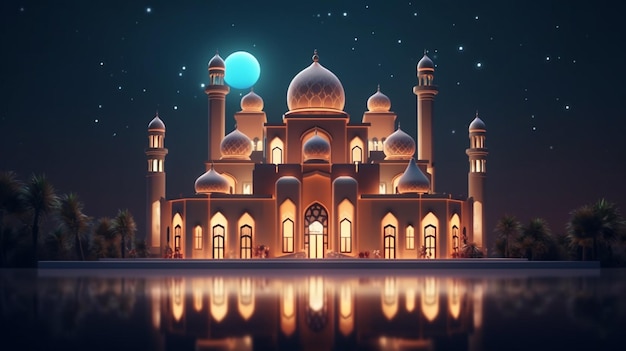 A cartoon image of a taj mahal at night with the moon in the background