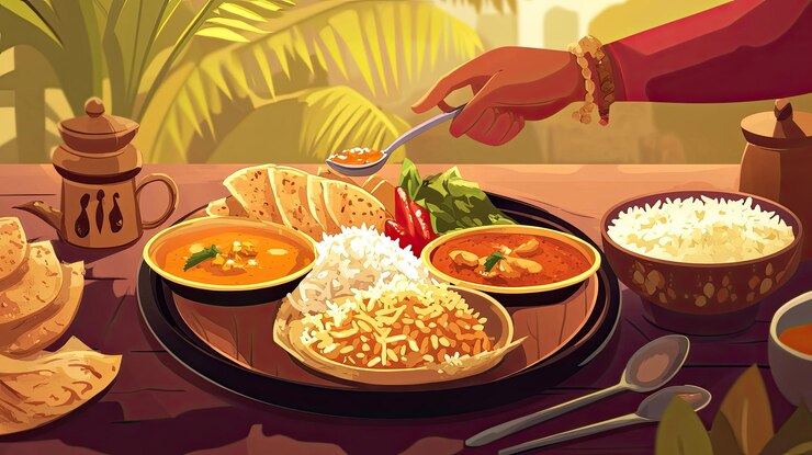 Photo cartoon image of a traditional indian thali being served with curries rice and roti copy space available