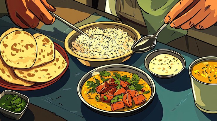 Photo cartoon image of a traditional indian thali being served with curries rice and roti copy space available