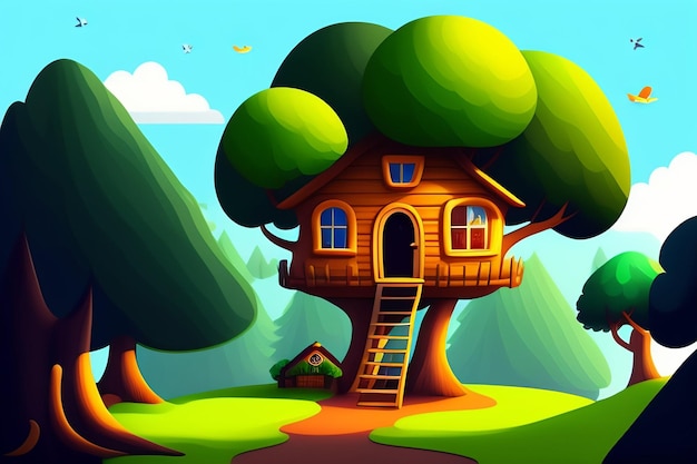 Photo a cartoon image of a tree house with a tree house on the bottom.