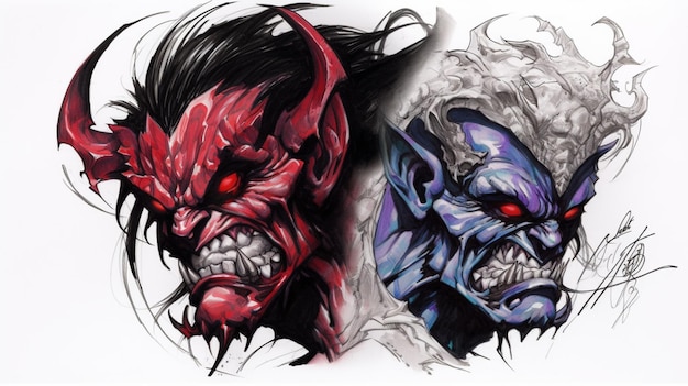 A cartoon image of two devil faces with red eyes and blue eyes.