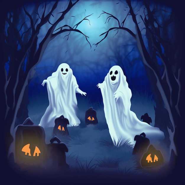 A cartoon image of two ghosts in a cemetery with the words " halloween " on the bottom.