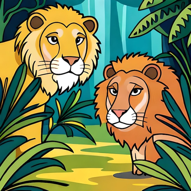 A cartoon image of two lions in a jungle scene.