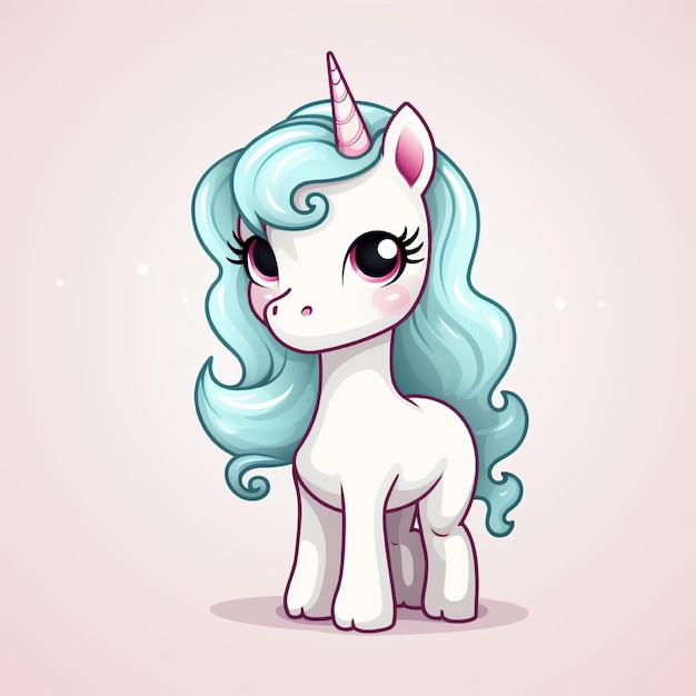 Foto un'immagine di cartone animato di un unicorno con i capelli blu e uno sfondo rosa