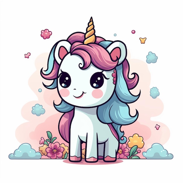 a cartoon image of a unicorn with a pink mane and blue hair