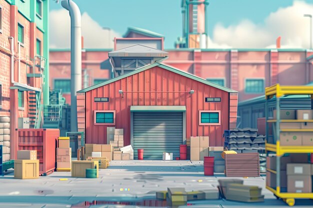 a cartoon image of a warehouse with a large warehouse in the background