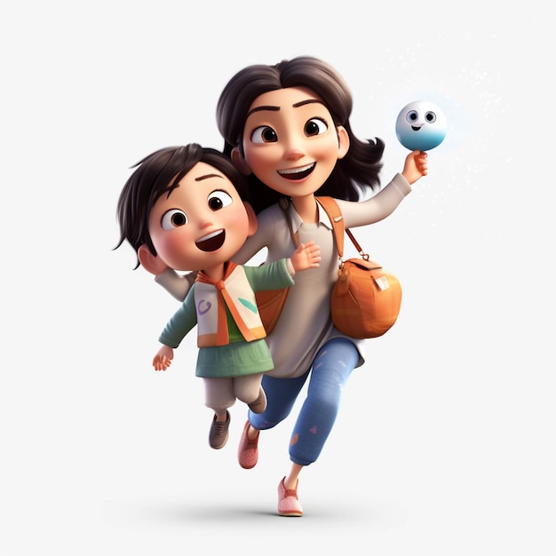 Cartoon image of a woman and a child are flying through the air generative ai