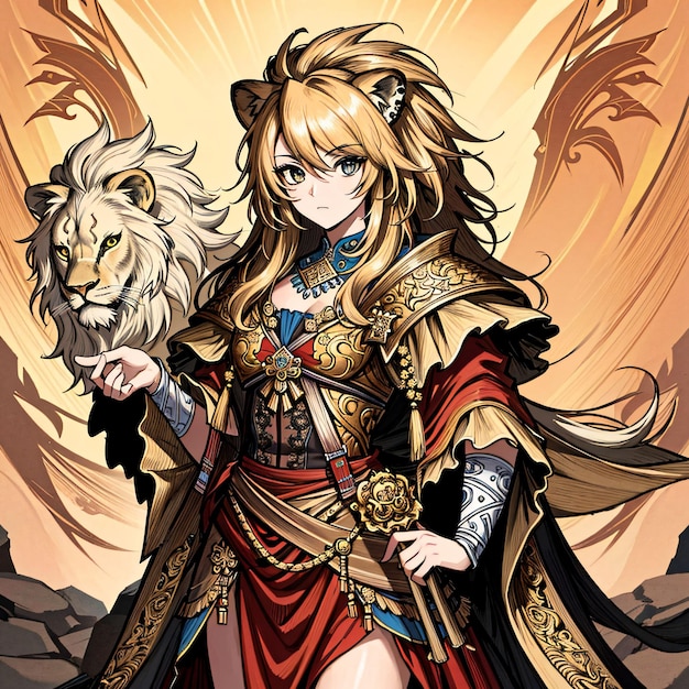 A cartoon image of a woman holding a lion and a lion on the left side.