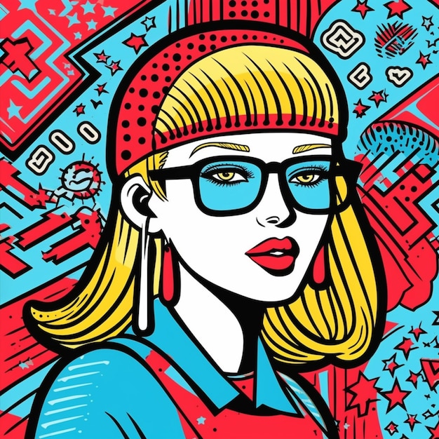 眼鏡をかけ、「愛」という文字が入った赤いシャツを着た女性の漫画の画像。