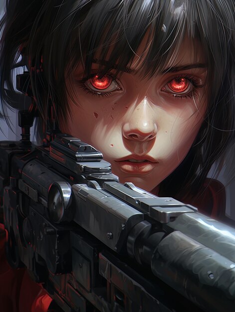 a cartoon image of a woman with red eyes and a gun