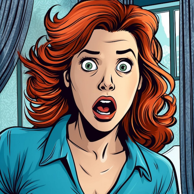 赤い髪と「言葉」と書かれた青いシャツを着た女性の漫画の画像。