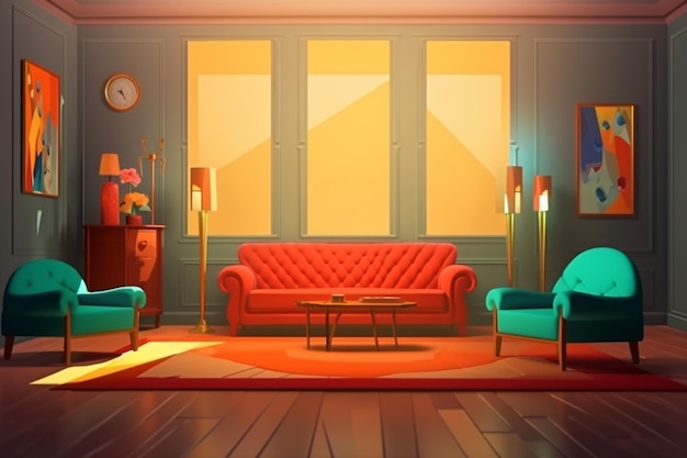 A cartoon interior with a red sofa and a coffee table.