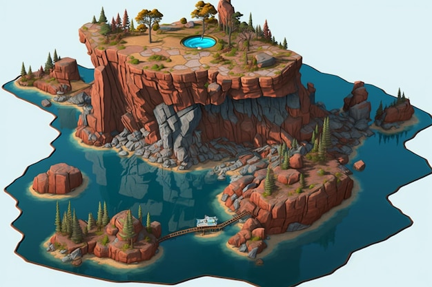 A cartoon of a island with a boat on it