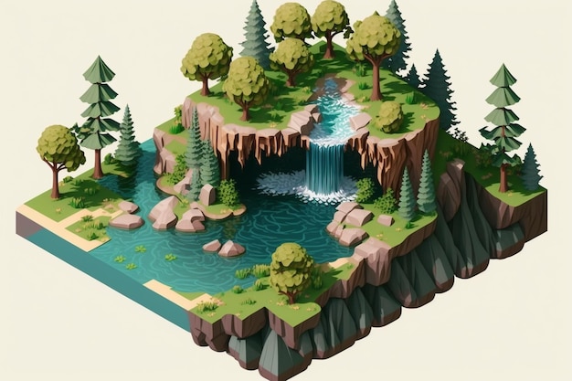 A cartoon of a island with a waterfall and trees.