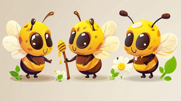 Cartoon isolated bee with yummy honey stick and flower set Set of cute insect icons with wings