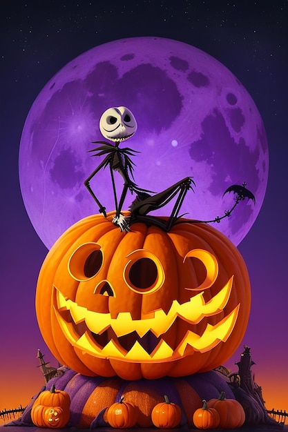 Cartoon jack scary orange pumpkin with a big yellow moon and a purple sky