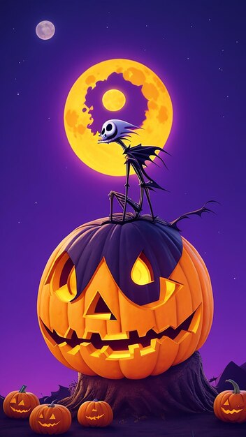 Cartoon jack scary orange pumpkin with a big yellow moon and a purple sky