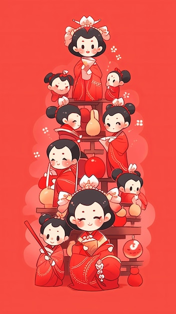 Foto cartoon giapponese bambole hinamatsuri rosso