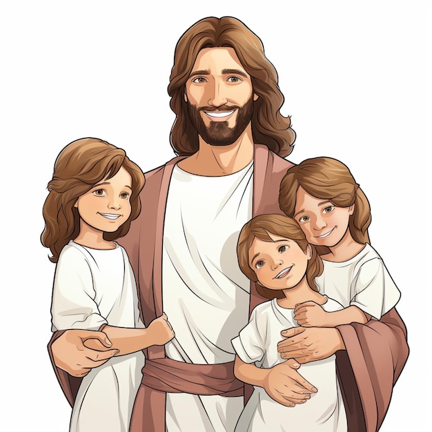 Photo cartoon of jesus christ reading with smiling children