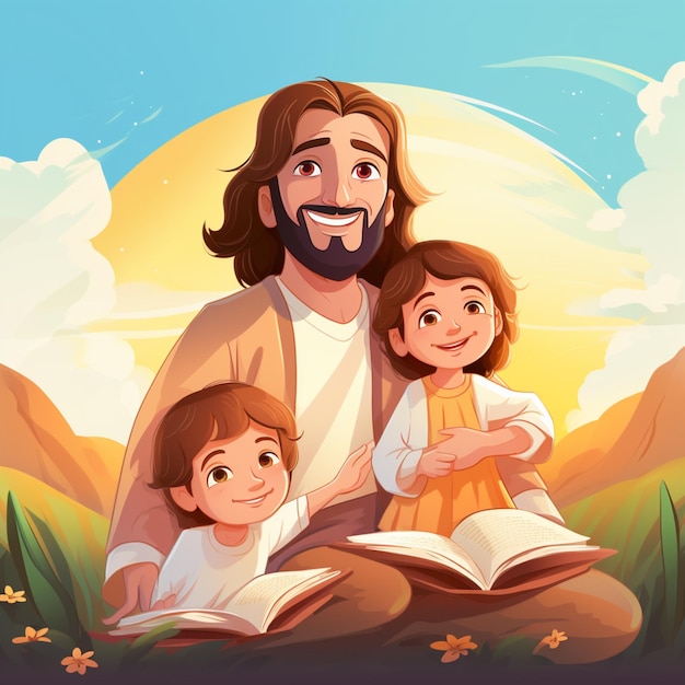 Photo cartoon of jesus christ reading with smiling children