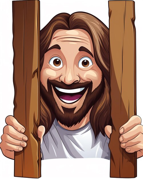 Photo cartoon jesus holding a wooden plank with his face peeking out generative ai