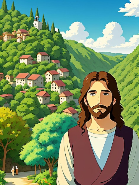배경에 집들이 있는 산 앞에 서 있는 예수의 만화.