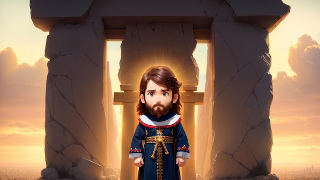 A cartoon of jesus standing in front of a wall with a light coming through it.