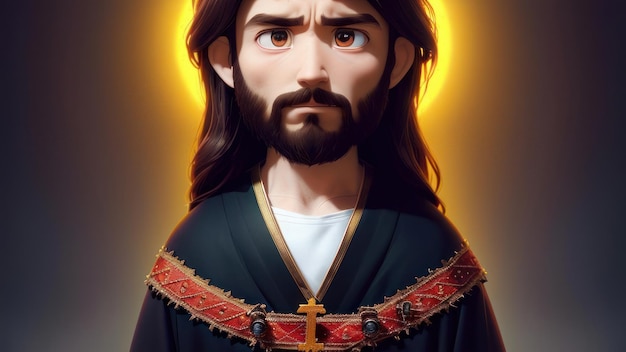 A cartoon of jesus with a golden cross on his chest