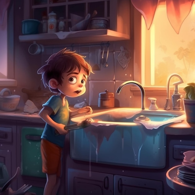 cartoon jongen afwas in een keuken gootsteen met een raam generatieve ai
