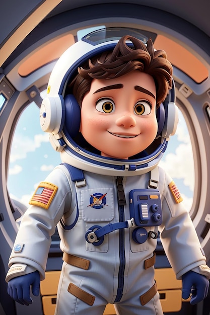 Cartoon jongen die astronautpak draagt in een ruimteschip