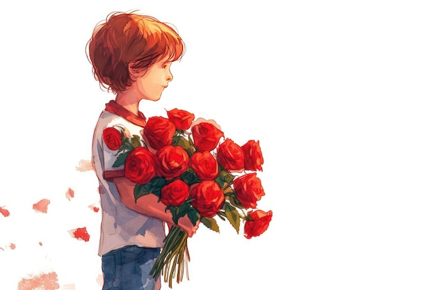 Cartoon jongen die een boeket scharlakenroze rozen geeft aan meisje illustratie kinderboek witte achtergrond