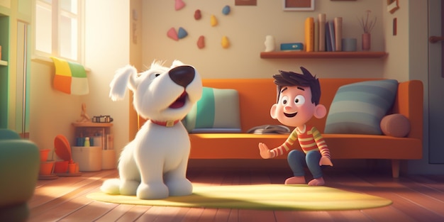 Cartoon jongen en hond in een woonkamer met een bank generatieve ai