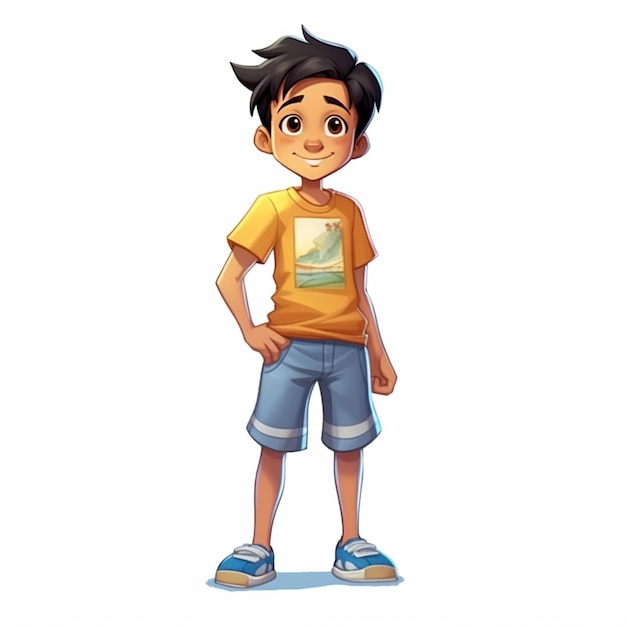 Foto cartoon jongen in een geel shirt en blauwe korte broek staan met zijn handen op zijn heupen generatieve ai