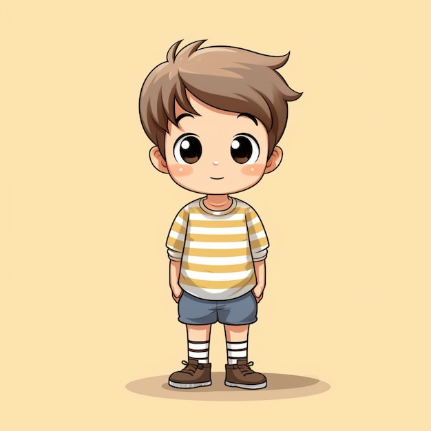 Foto cartoon jongen met bruin haar en gestreepte shirt staan voor een gele achtergrond generatieve ai