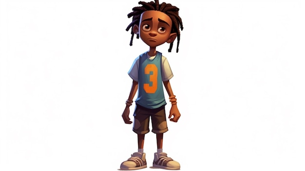 cartoon jongen met dreadlocks en een blauw shirt staande voor een witte achtergrond generatieve ai