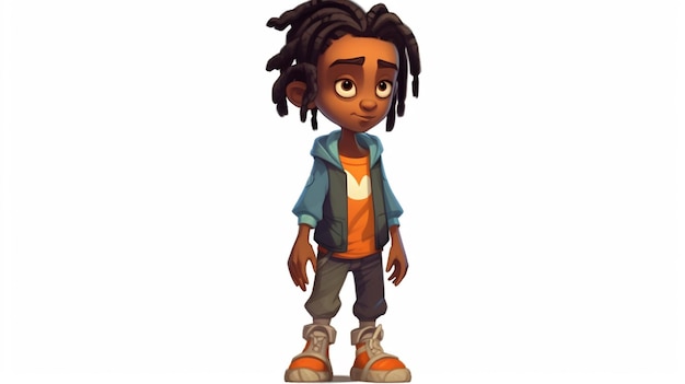 cartoon jongen met dreadlocks en oranje shirt staande voor een witte achtergrond generatieve ai