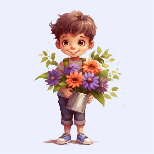 Foto cartoon jongen met een emmer bloemen en een waterpot generatieve ai